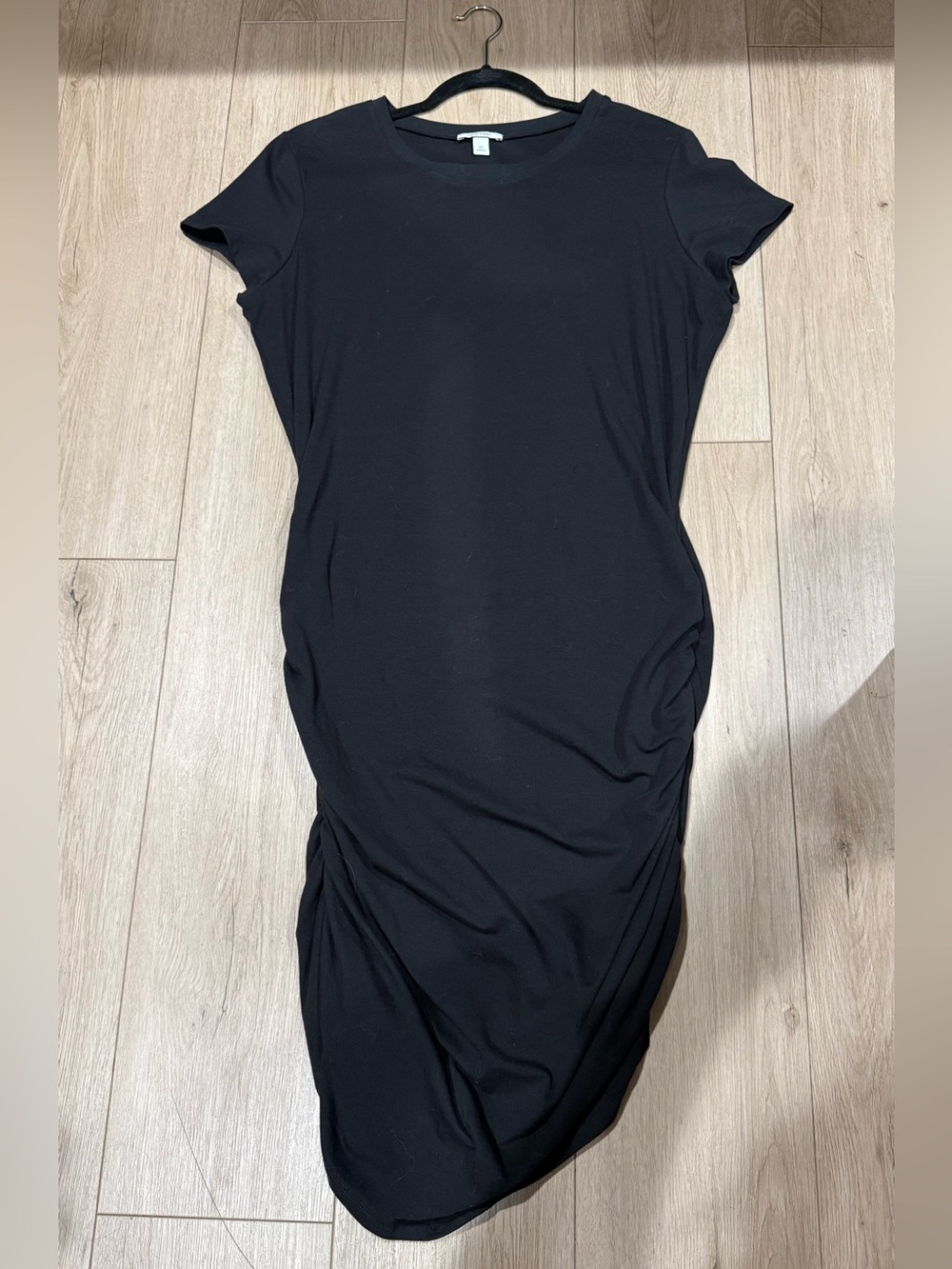Nine West XL Black Ruched Side Midi tshirt Dress, bodycon LBD fitted cotton 💖🖤